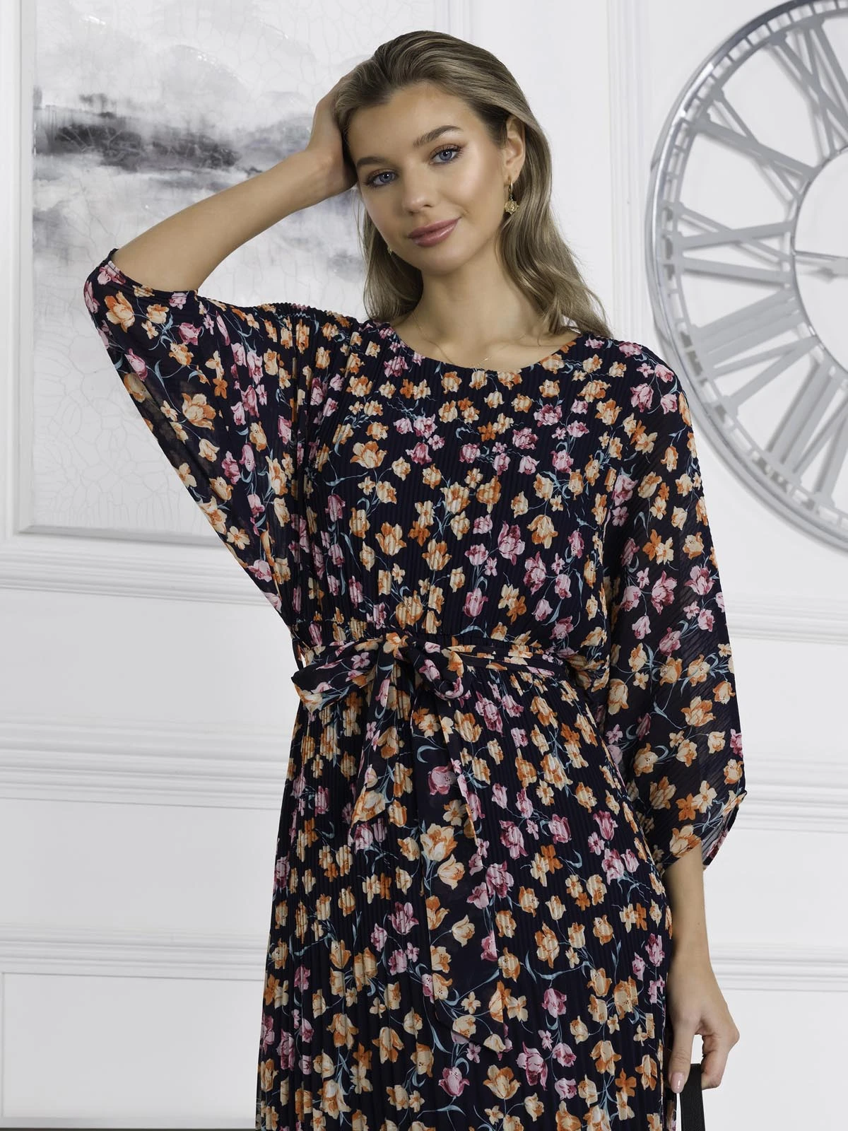 Chiffon Pleated Batwing Sleeve Maxi Dress, Navy Floral 3 Chiffon Pleated Batwing Sleeve Maxi Dress, Navy Floral - Image 3