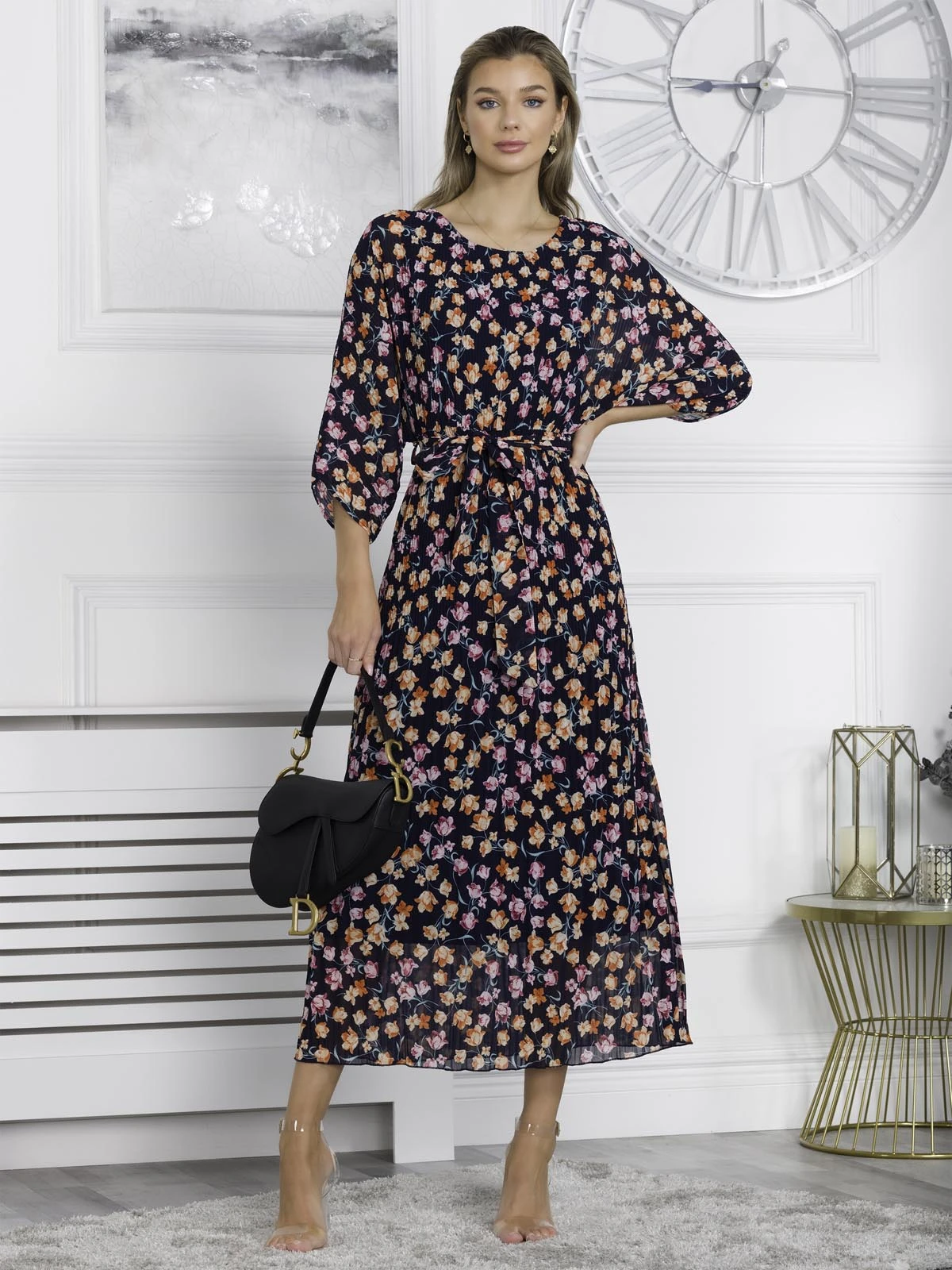 Chiffon Pleated Batwing Sleeve Maxi Dress, Navy Floral 1 Chiffon Pleated Batwing Sleeve Maxi Dress, Navy Floral
