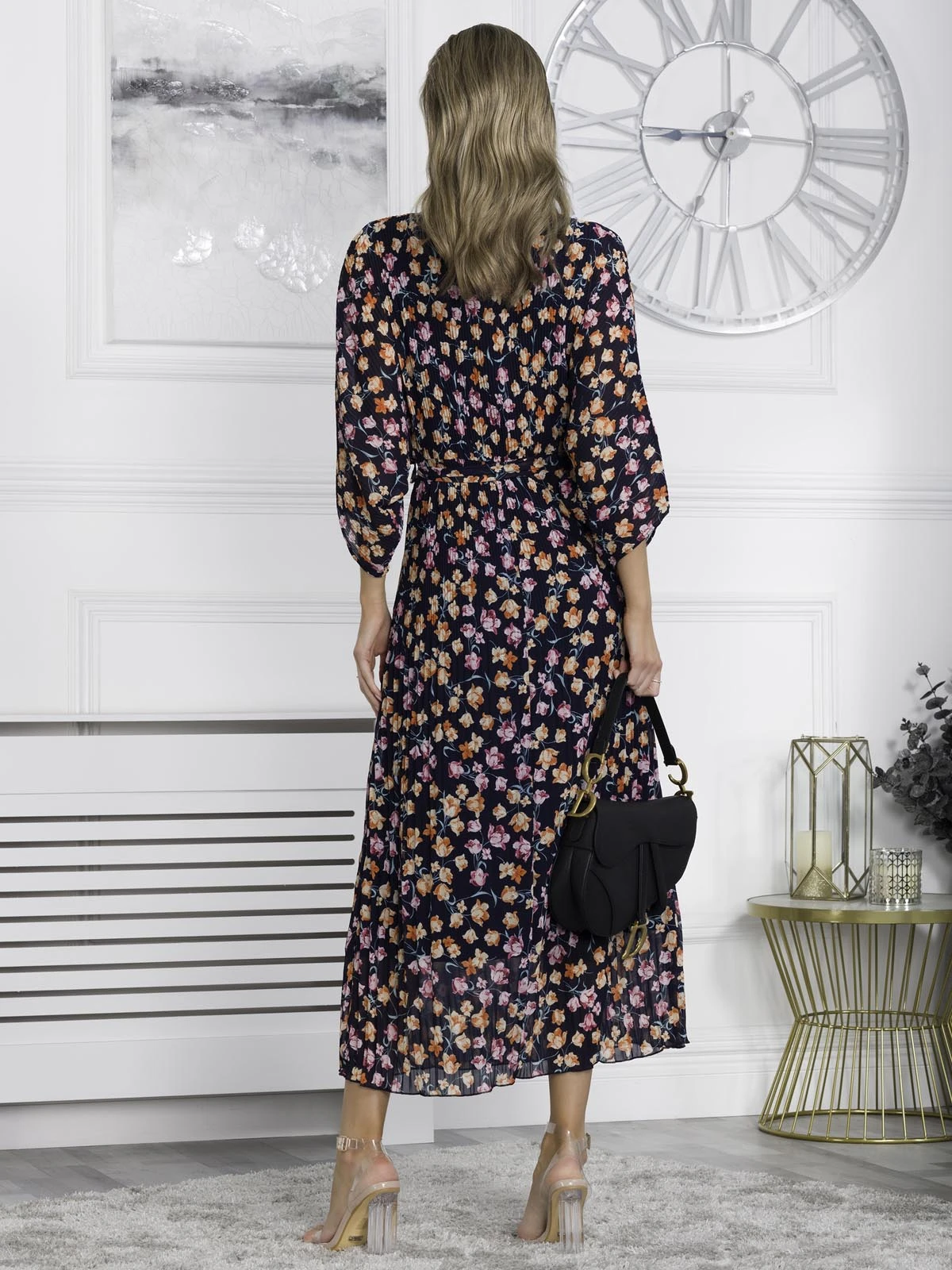 Chiffon Pleated Batwing Sleeve Maxi Dress, Navy Floral 2 Chiffon Pleated Batwing Sleeve Maxi Dress, Navy Floral - Image 2