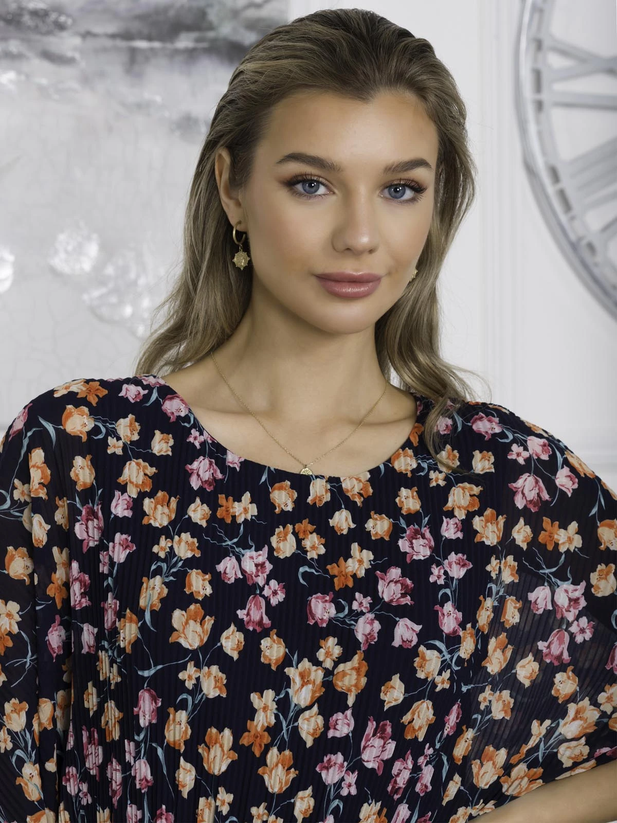 Chiffon Pleated Batwing Sleeve Maxi Dress, Navy Floral 7 Chiffon Pleated Batwing Sleeve Maxi Dress, Navy Floral - Image 7