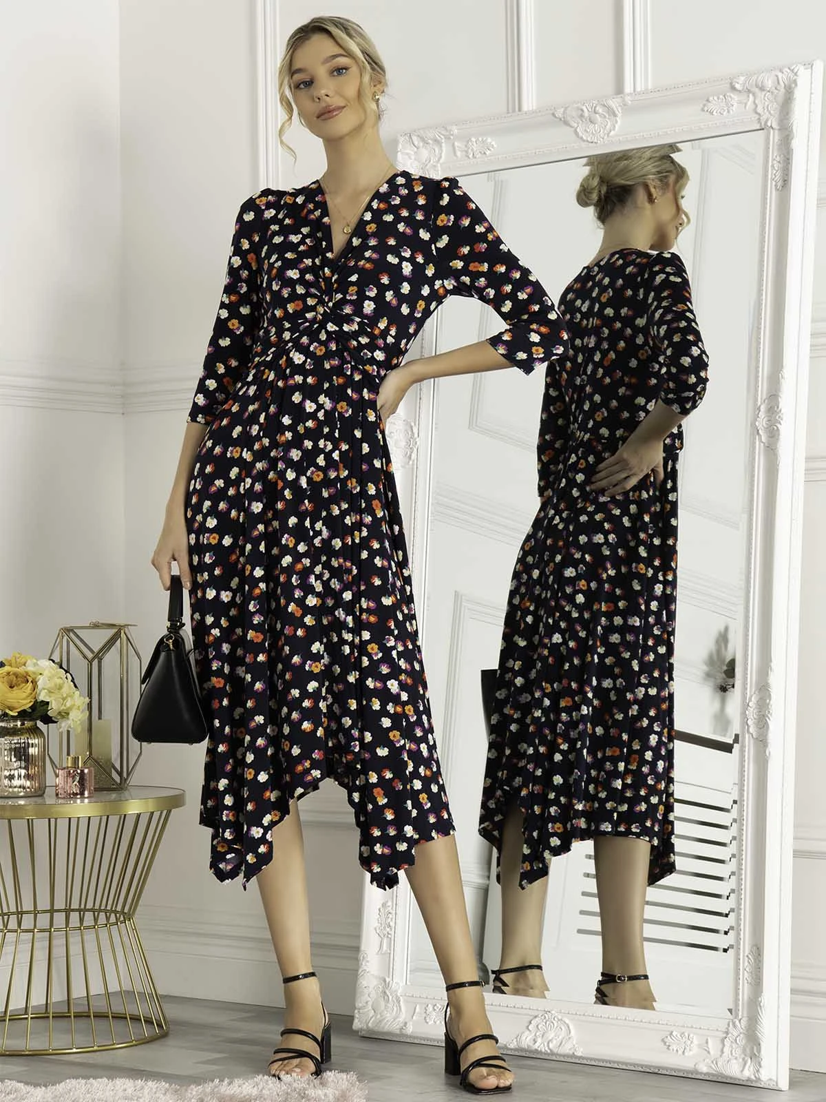 Jolie Moi Knot Front Hanky Hem Dress, Navy Floral 1 Jolie Moi Knot Front Hanky Hem Dress, Navy Floral