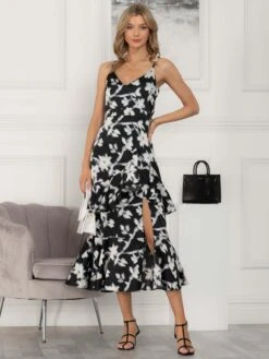 Spaghetti Strap Satin Maxi Dress, Black Floral -DORIA Clothing Shop M 901 20 BlackFloral 4