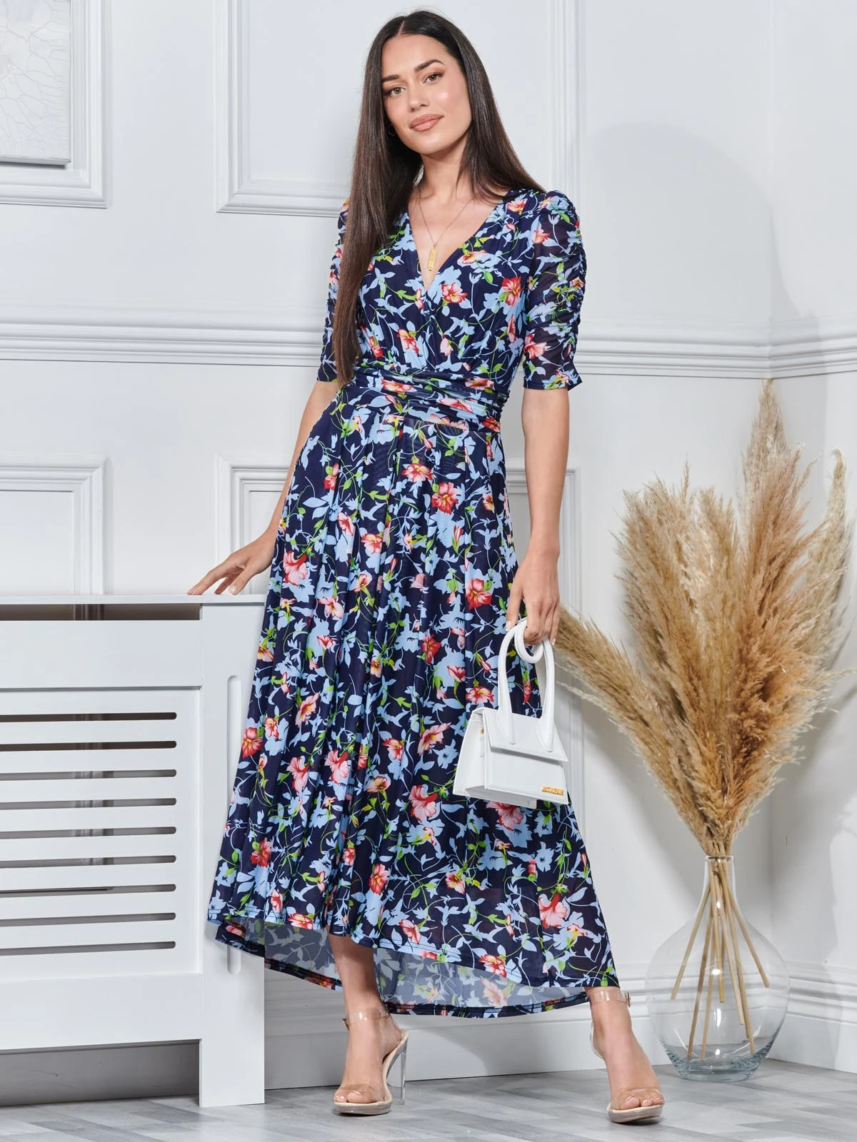 Gavina Ruched Sleeve Mesh Maxi Dress, Navy Floral 1 Gavina Ruched Sleeve Mesh Maxi Dress, Navy Floral