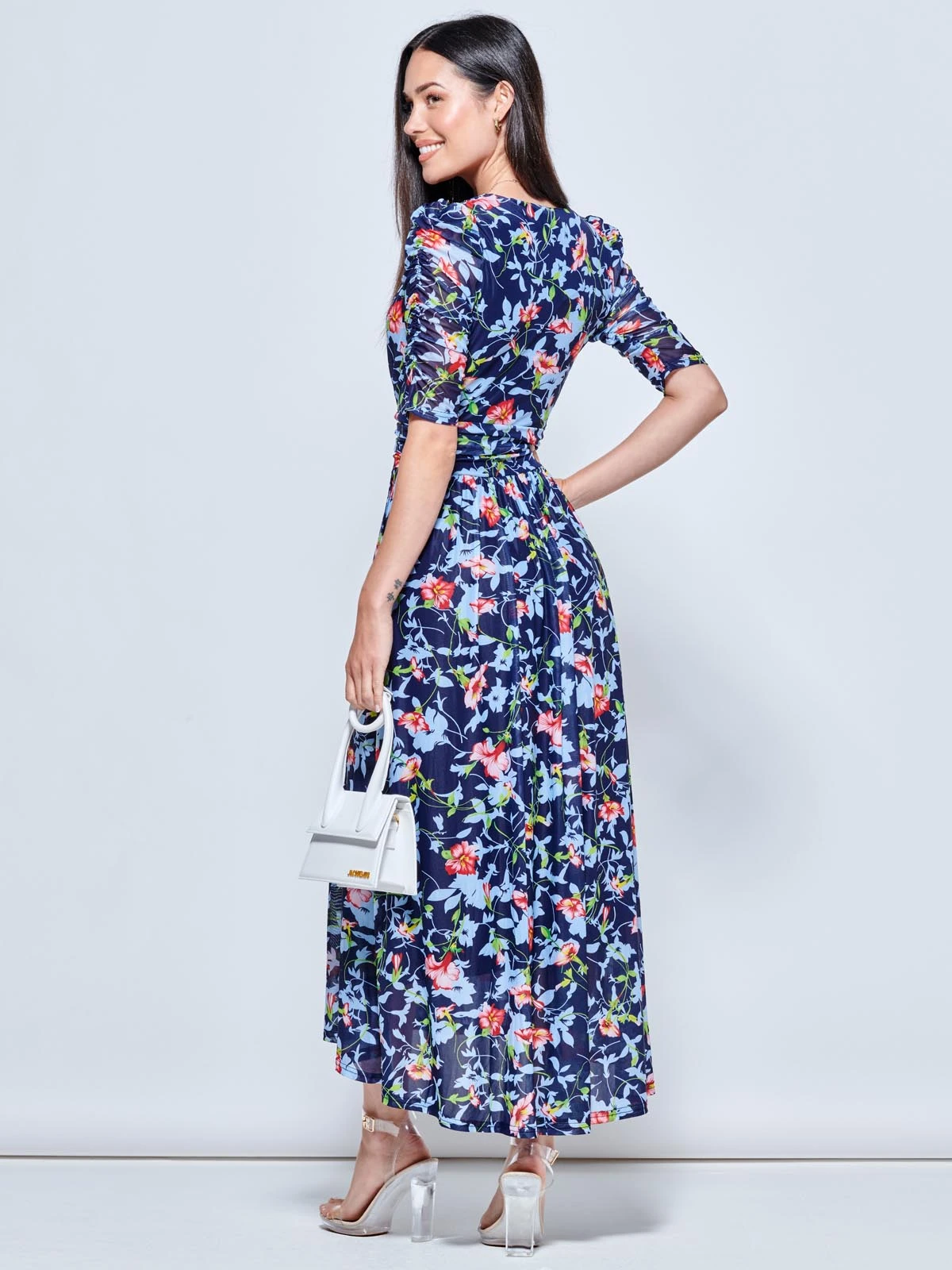 Gavina Ruched Sleeve Mesh Maxi Dress, Navy Floral 2 Gavina Ruched Sleeve Mesh Maxi Dress, Navy Floral - Image 2