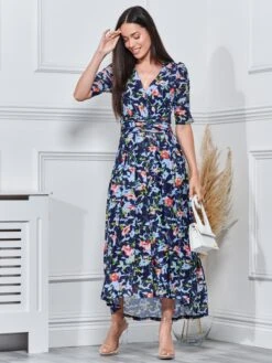 Gavina Ruched Sleeve Mesh Maxi Dress, Navy Floral 9 Gavina Ruched Sleeve Mesh Maxi Dress, Navy Floral -DORIA Clothing Shop M621 851 NavyFloral 4