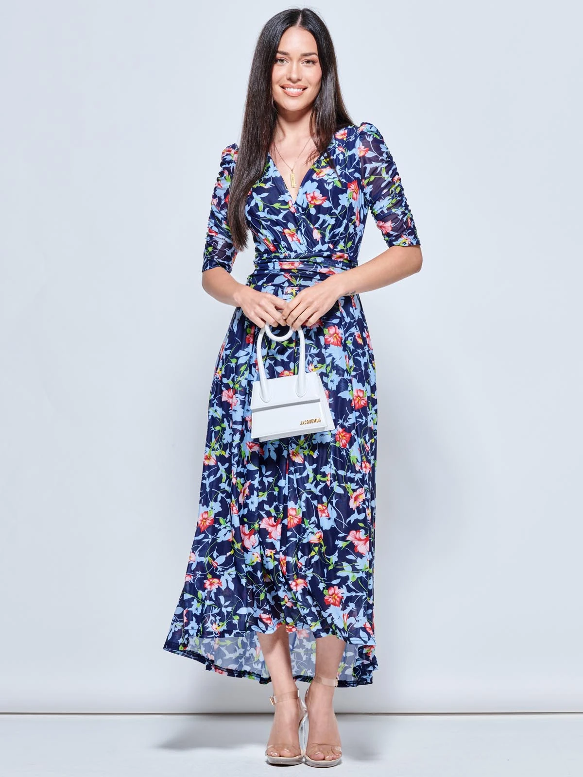 Gavina Ruched Sleeve Mesh Maxi Dress, Navy Floral 5 Gavina Ruched Sleeve Mesh Maxi Dress, Navy Floral - Image 5