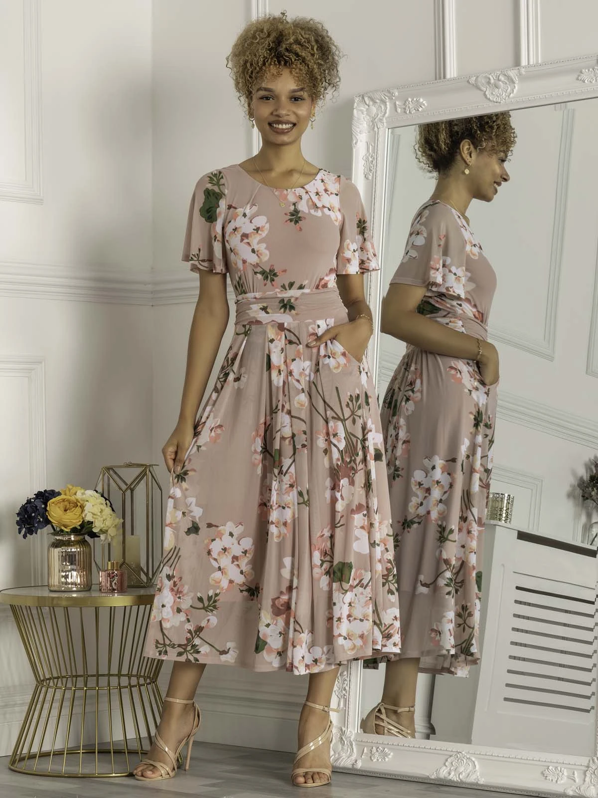 Mabelle Flare Sleeve Mesh Maxi Dress, Pink Floral 5 Mabelle Flare Sleeve Mesh Maxi Dress, Pink Floral - Image 5