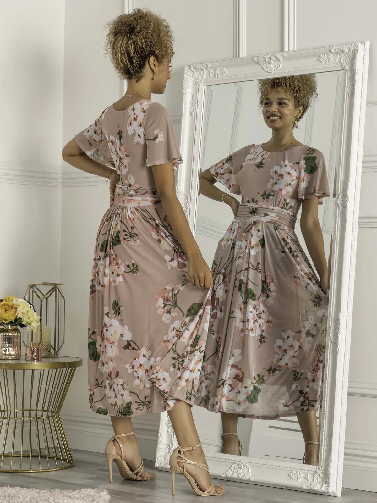 Mabelle Flare Sleeve Mesh Maxi Dress, Pink Floral 6 Mabelle Flare Sleeve Mesh Maxi Dress, Pink Floral - Image 6