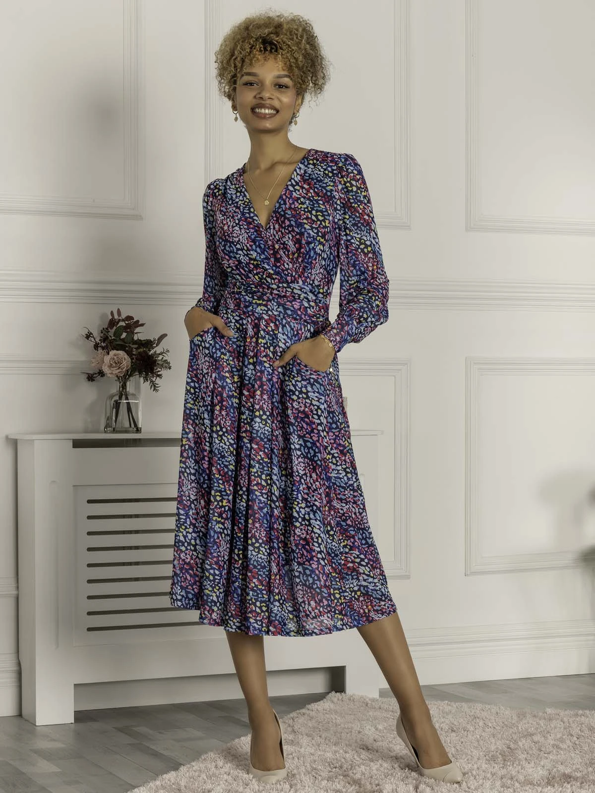 Maaike Long Sleeve Mesh Dress, Navy Multi 6 Maaike Long Sleeve Mesh Dress, Navy Multi - Image 6