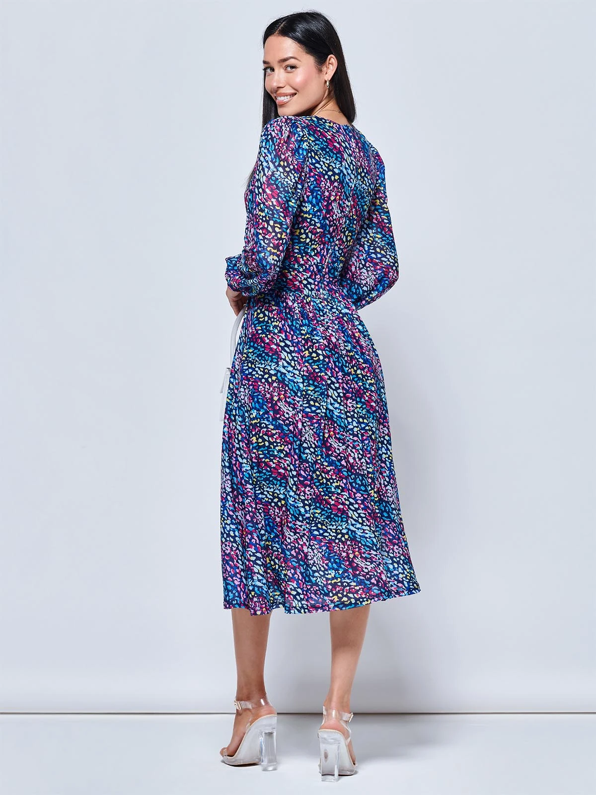 Maaike Long Sleeve Mesh Dress, Navy Multi 2 Maaike Long Sleeve Mesh Dress, Navy Multi - Image 2