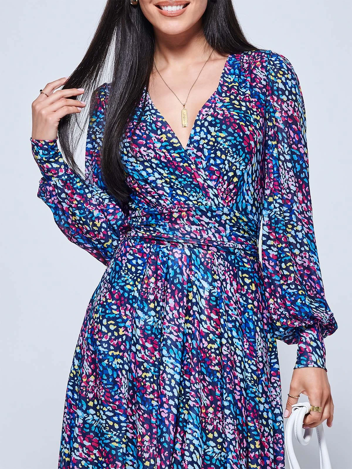 Maaike Long Sleeve Mesh Dress, Navy Multi 3 Maaike Long Sleeve Mesh Dress, Navy Multi - Image 3