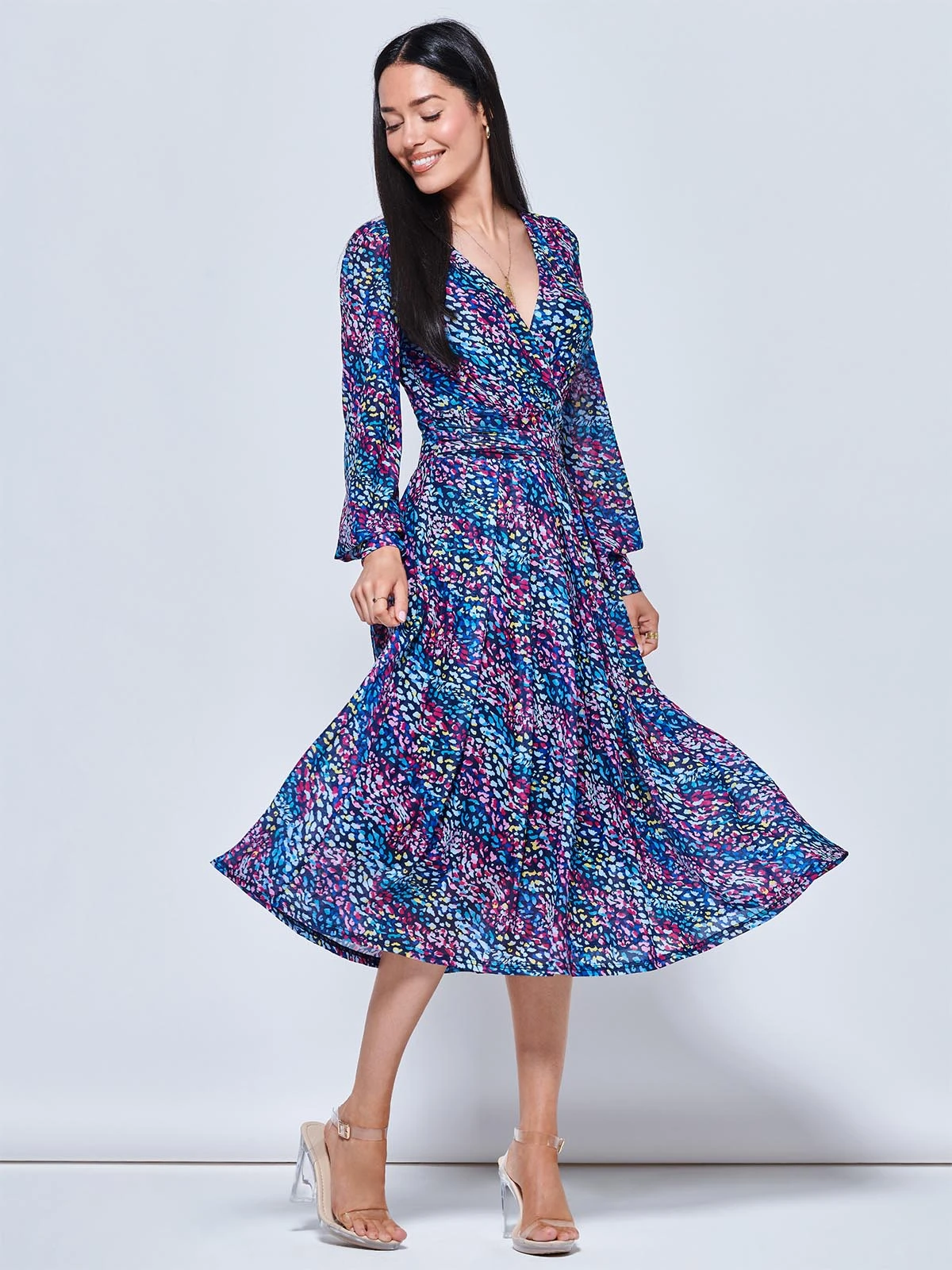 Maaike Long Sleeve Mesh Dress, Navy Multi 4 Maaike Long Sleeve Mesh Dress, Navy Multi - Image 4