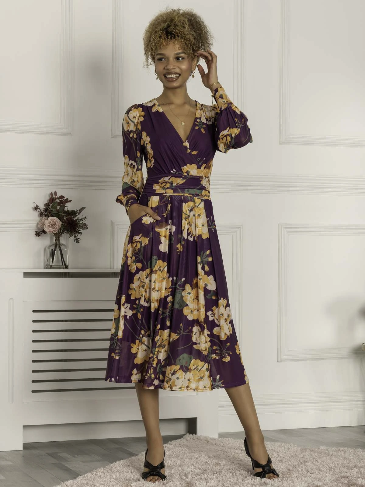 Maaike Long Sleeve Mesh Dress, Purple Floral 4 Maaike Long Sleeve Mesh Dress, Purple Floral - Image 4