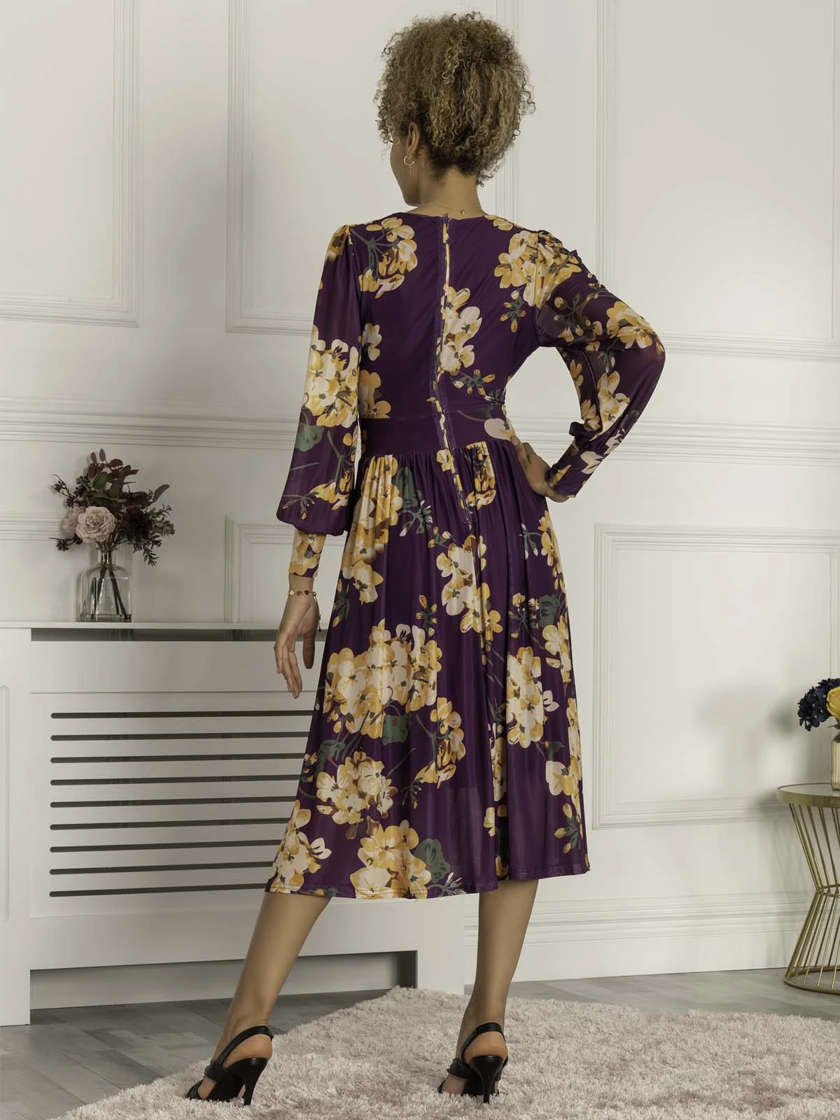 Maaike Long Sleeve Mesh Dress, Purple Floral 2 Maaike Long Sleeve Mesh Dress, Purple Floral - Image 2