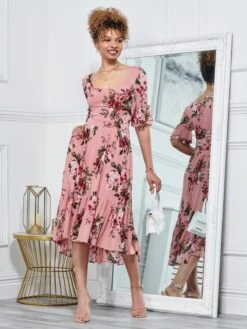 Maab Mesh Ruffle Sleeve Midi Dress, Dusty Pink -DORIA Clothing Shop MESH 771 DUSTYPINK 6