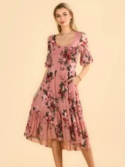Maab Mesh Ruffle Sleeve Midi Dress, Dusty Pink -DORIA Clothing Shop MESH 771 DustyPink 2
