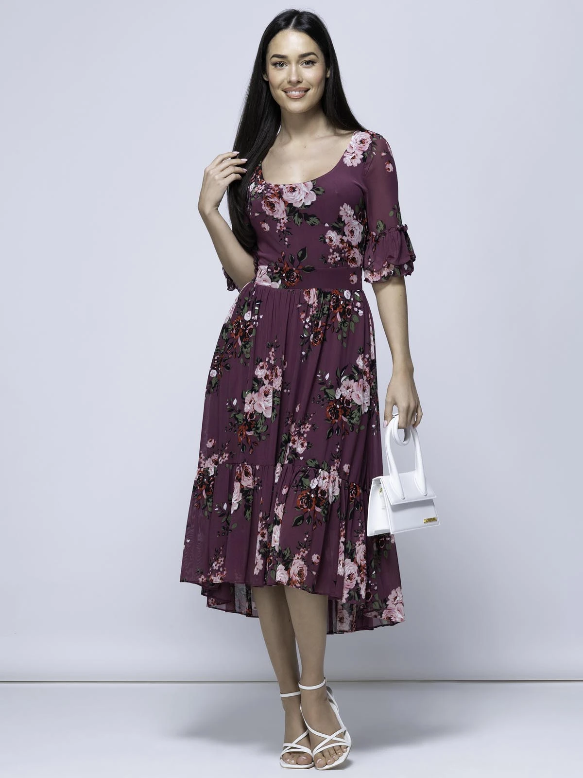 Maab Mesh Ruffle Sleeve Midi Dress, Dusty Purple 4 Maab Mesh Ruffle Sleeve Midi Dress, Dusty Purple - Image 4