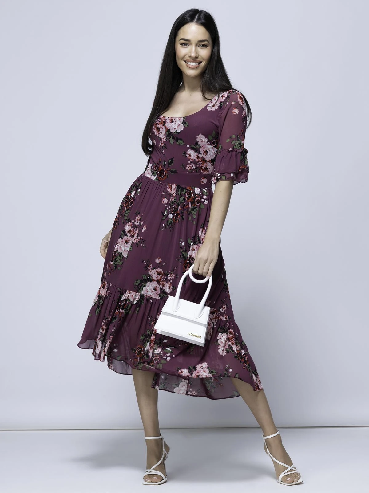 Maab Mesh Ruffle Sleeve Midi Dress, Dusty Purple 1 Maab Mesh Ruffle Sleeve Midi Dress, Dusty Purple