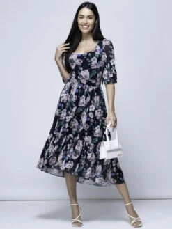 Maab Mesh Ruffle Sleeve Midi Dress, Navy Floral