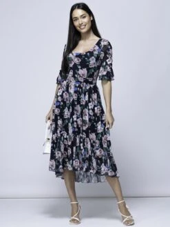 Maab Mesh Ruffle Sleeve Midi Dress, Navy Floral -DORIA Clothing Shop MESH 771 NavyFloral 3