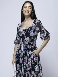 Maab Mesh Ruffle Sleeve Midi Dress, Navy Floral -DORIA Clothing Shop MESH 771 NavyFloral 5