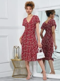 Stacy Floral Print Cross Front Midi Dress, Wine Floral 8 Stacy Floral Print Cross Front Midi Dress, Wine Floral -DORIA Clothing Shop MK 103 WineFloral 1