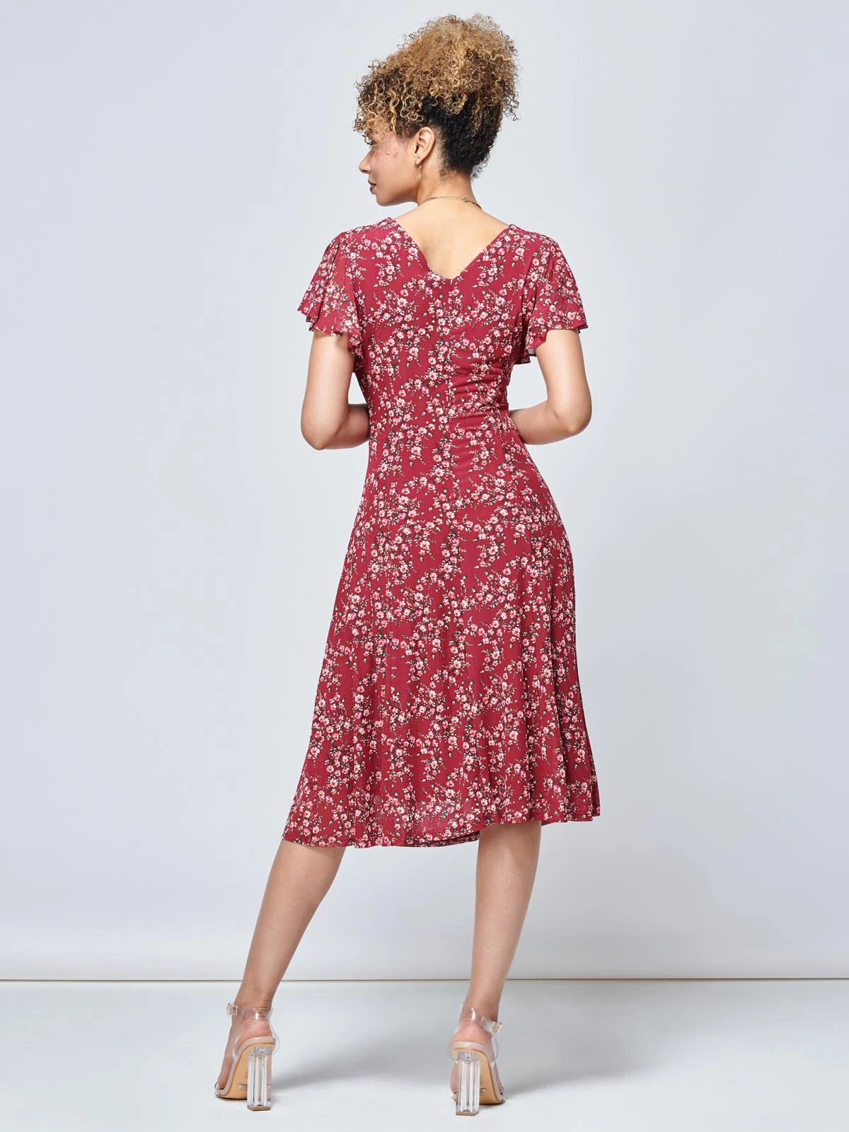 Stacy Floral Print Cross Front Midi Dress, Wine Floral 2 Stacy Floral Print Cross Front Midi Dress, Wine Floral - Image 2