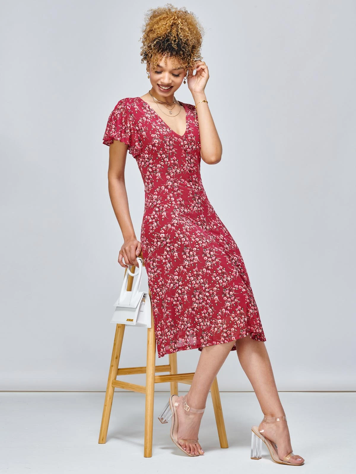 Stacy Floral Print Cross Front Midi Dress, Wine Floral 1 Stacy Floral Print Cross Front Midi Dress, Wine Floral