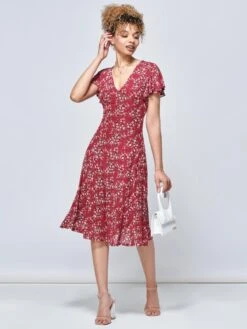 Stacy Floral Print Cross Front Midi Dress, Wine Floral 10 Stacy Floral Print Cross Front Midi Dress, Wine Floral -DORIA Clothing Shop MK 103 WineFloral 5