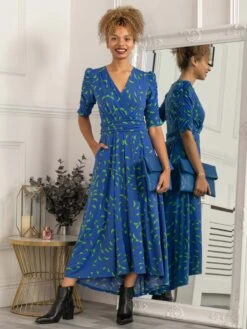 Maanasi Ruched Sleeve Jersey Maxi Dress, Blue Pattern 8 Maanasi Ruched Sleeve Jersey Maxi Dress, Blue Pattern -DORIA Clothing Shop MX621 27 BluePattern 1