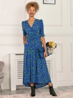 Maanasi Ruched Sleeve Jersey Maxi Dress, Blue Pattern 9 Maanasi Ruched Sleeve Jersey Maxi Dress, Blue Pattern -DORIA Clothing Shop MX621 27 BluePattern 2