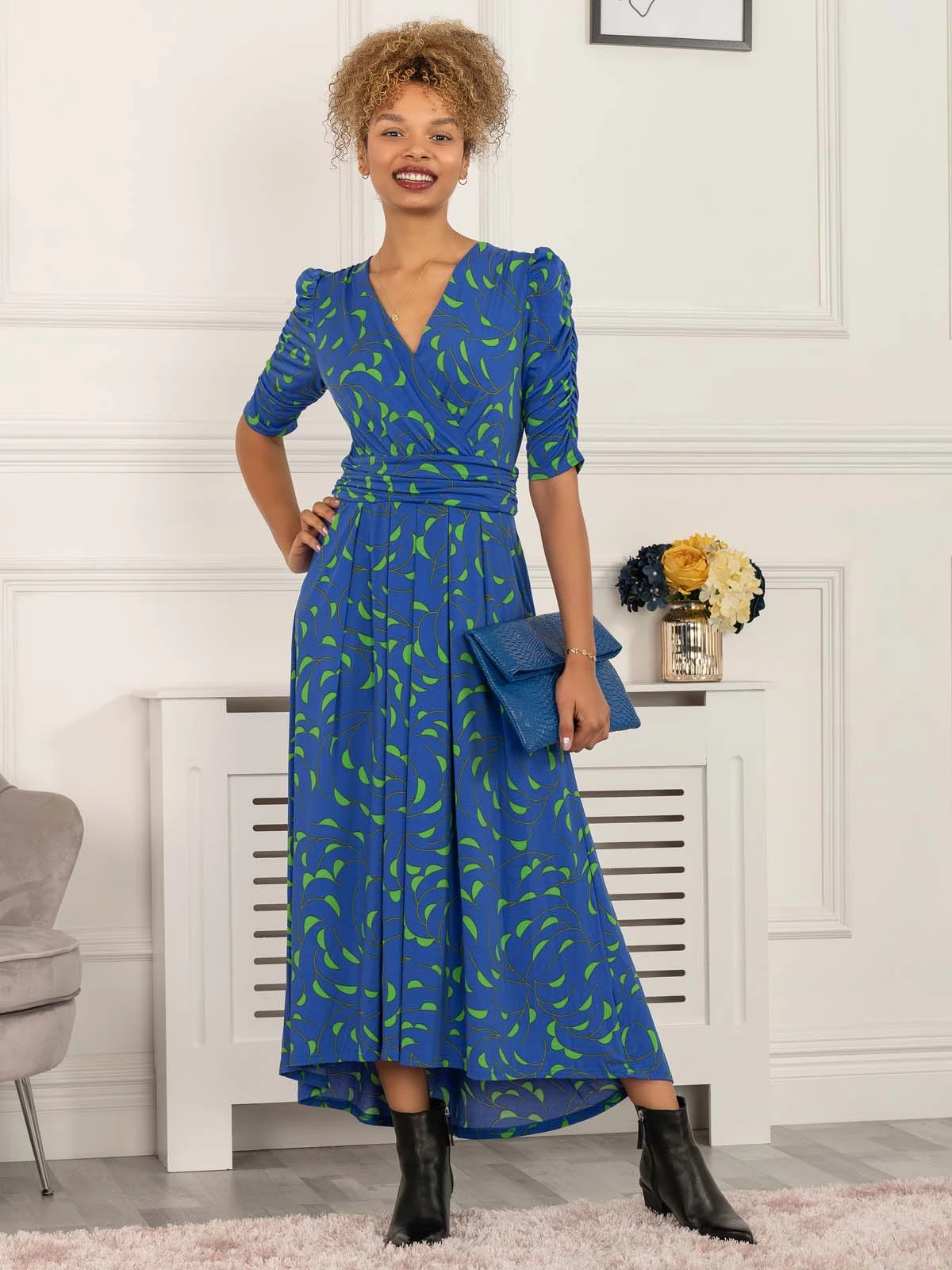 Maanasi Ruched Sleeve Jersey Maxi Dress, Blue Pattern 1 Maanasi Ruched Sleeve Jersey Maxi Dress, Blue Pattern