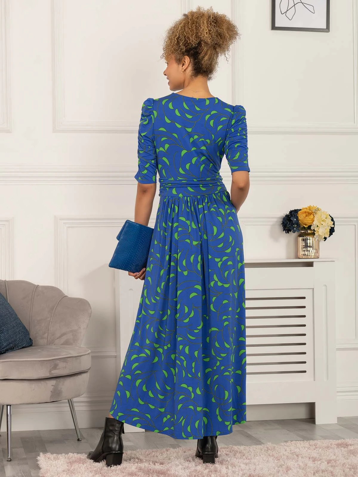 Maanasi Ruched Sleeve Jersey Maxi Dress, Blue Pattern 2 Maanasi Ruched Sleeve Jersey Maxi Dress, Blue Pattern - Image 2