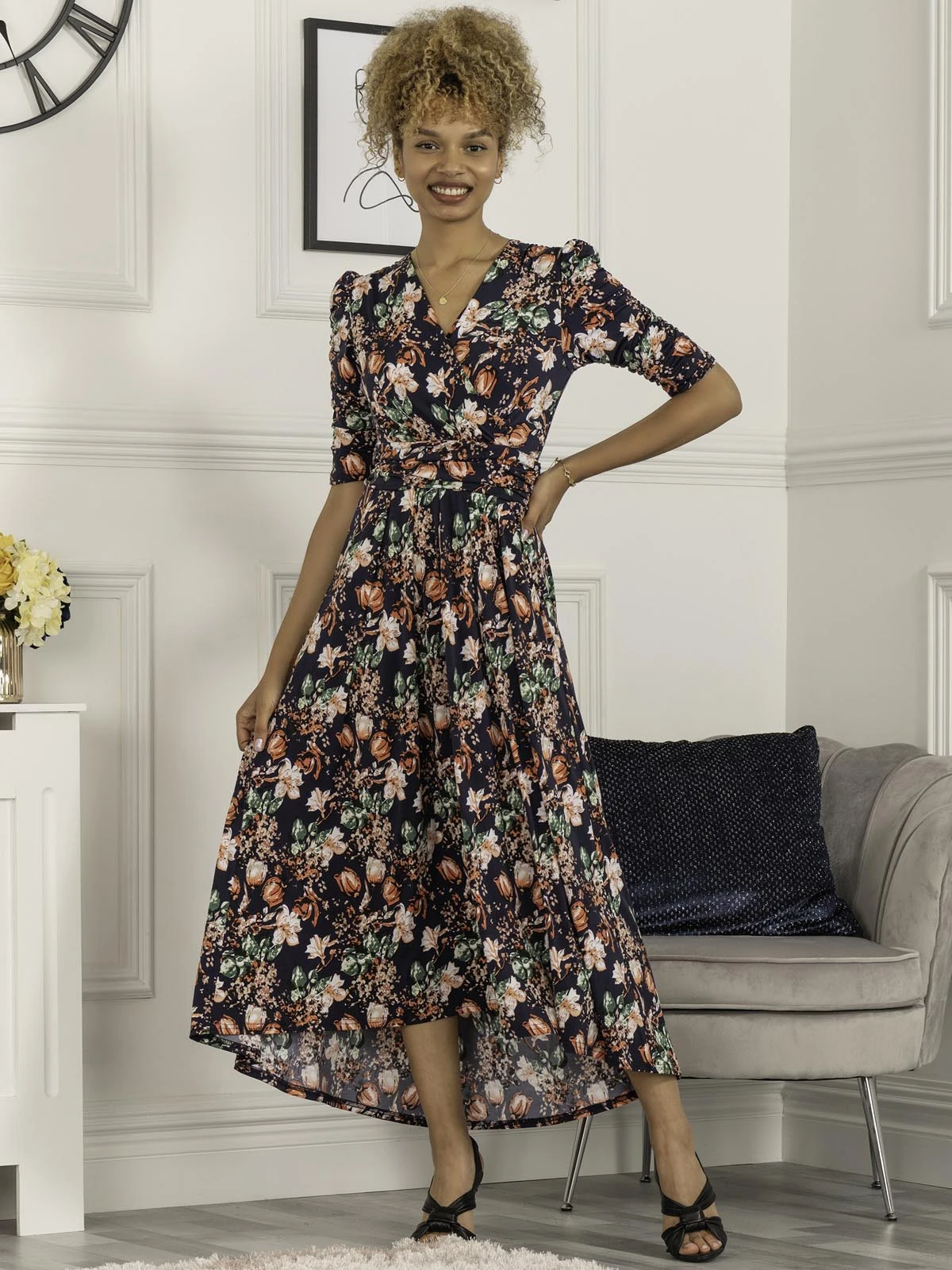 Maanasi Ruched Sleeve Jersey Maxi Dress, Navy Floral 1 Maanasi Ruched Sleeve Jersey Maxi Dress, Navy Floral