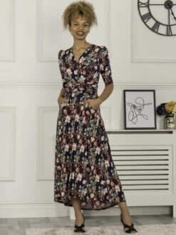 Maanasi Ruched Sleeve Jersey Maxi Dress, Navy Floral 9 Maanasi Ruched Sleeve Jersey Maxi Dress, Navy Floral -DORIA Clothing Shop MX621 27 NavyFloral 2