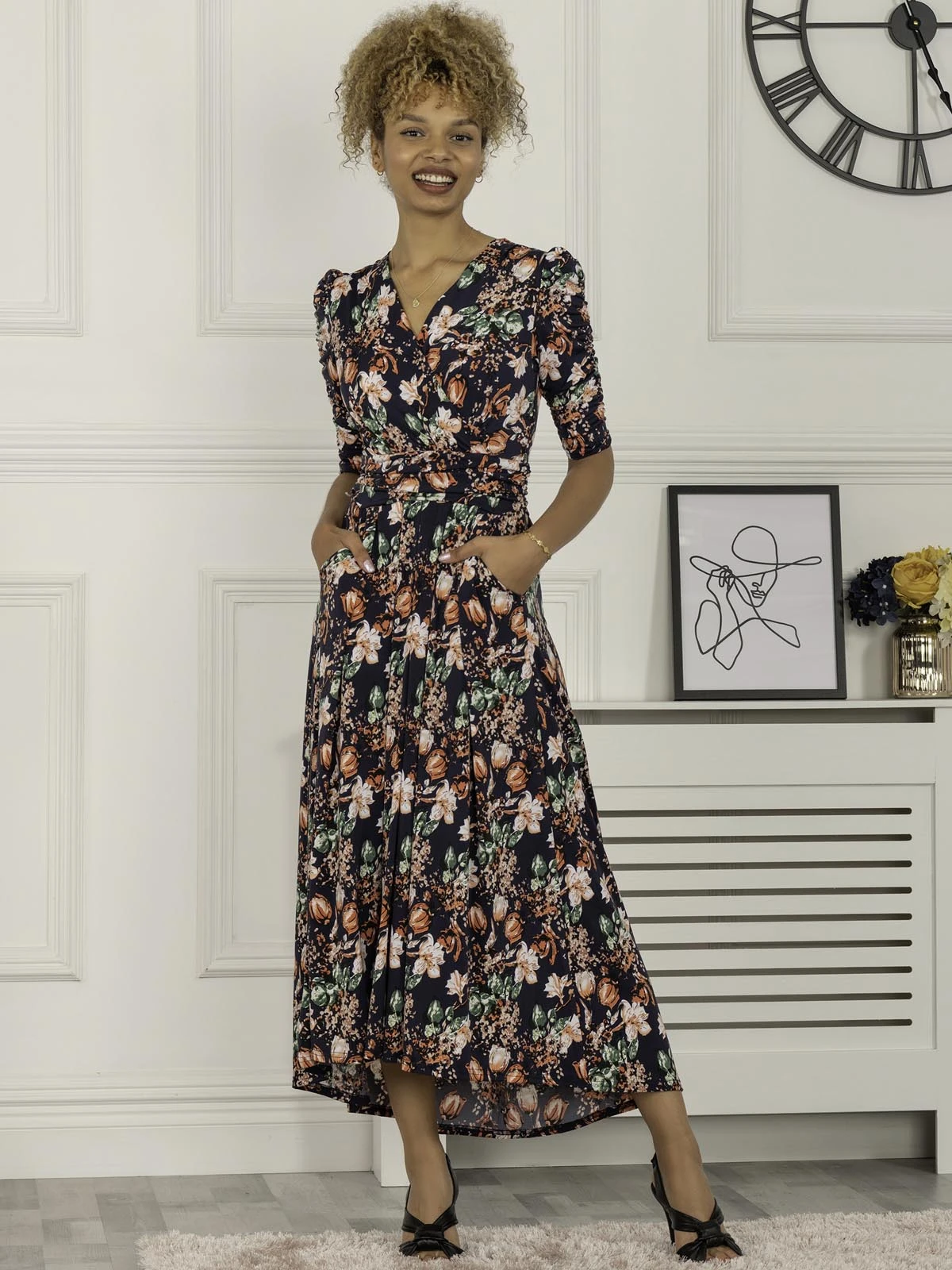 Maanasi Ruched Sleeve Jersey Maxi Dress, Navy Floral 4 Maanasi Ruched Sleeve Jersey Maxi Dress, Navy Floral - Image 4