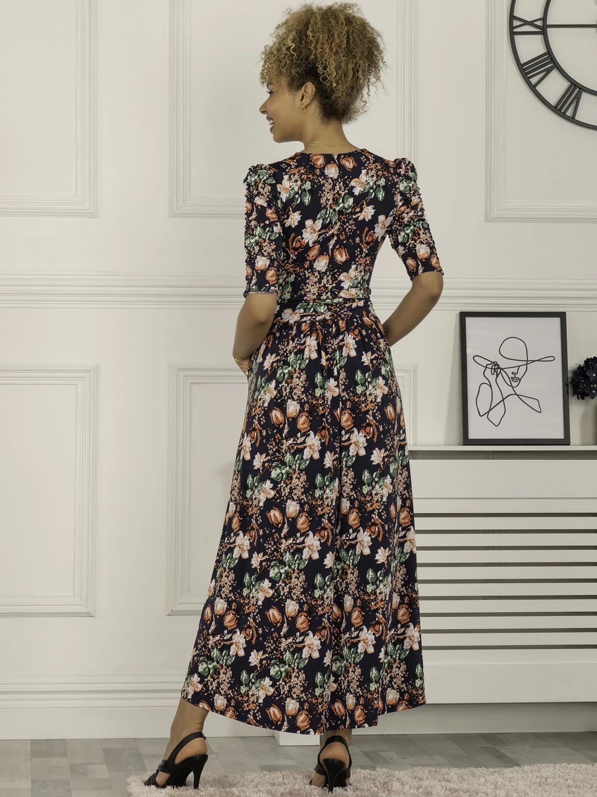 Maanasi Ruched Sleeve Jersey Maxi Dress, Navy Floral 2 Maanasi Ruched Sleeve Jersey Maxi Dress, Navy Floral - Image 2