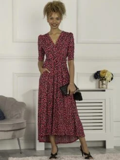 Maanasi Ruched Sleeve Jersey Maxi Dress, Pink Animal 10 Maanasi Ruched Sleeve Jersey Maxi Dress, Pink Animal -DORIA Clothing Shop MX621 27 PinkAnimal 2