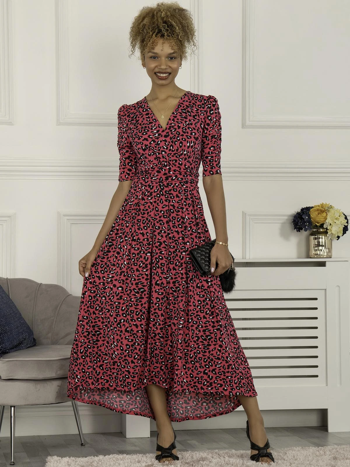 Maanasi Ruched Sleeve Jersey Maxi Dress, Pink Animal 1 Maanasi Ruched Sleeve Jersey Maxi Dress, Pink Animal