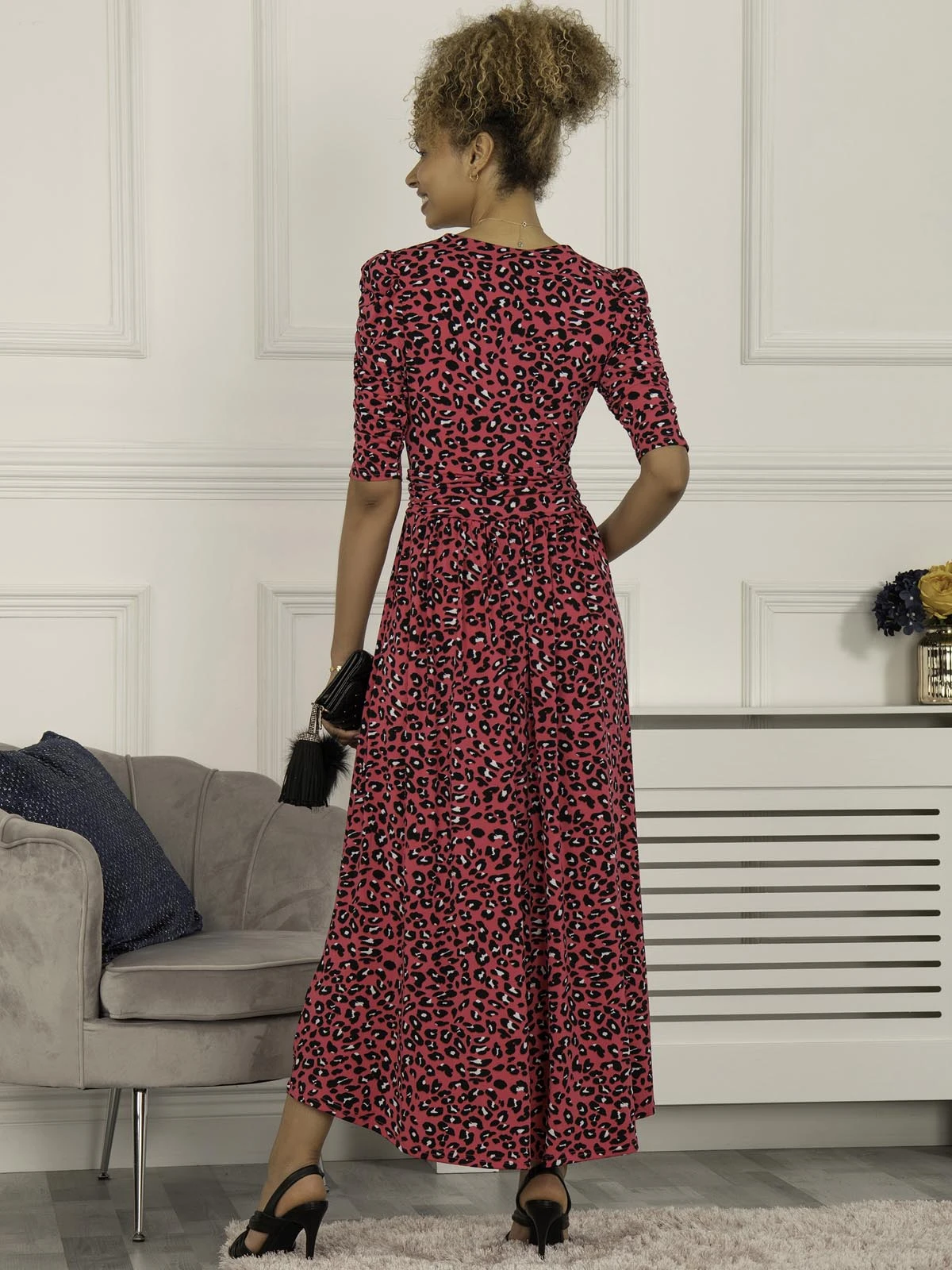 Maanasi Ruched Sleeve Jersey Maxi Dress, Pink Animal 2 Maanasi Ruched Sleeve Jersey Maxi Dress, Pink Animal - Image 2