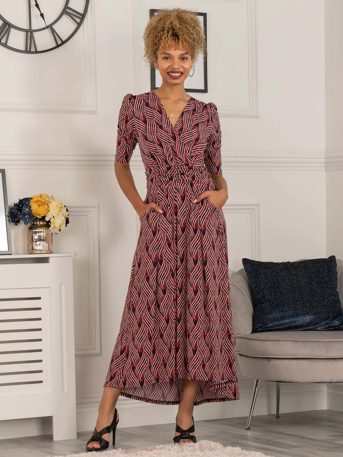 Maanasi Ruched Sleeve Jersey Maxi Dress, Red Abstract 1 Maanasi Ruched Sleeve Jersey Maxi Dress, Red Abstract