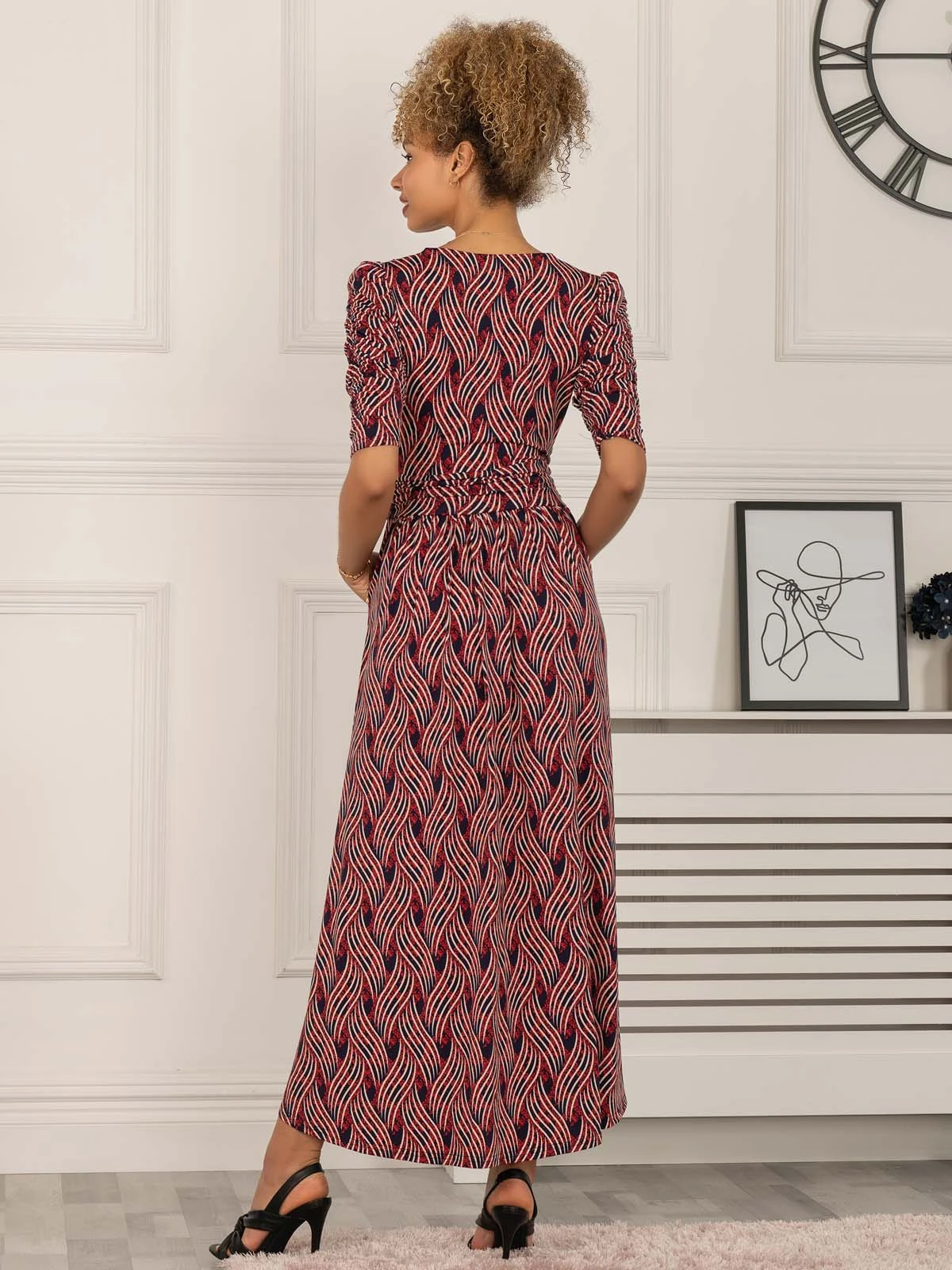 Maanasi Ruched Sleeve Jersey Maxi Dress, Red Abstract 2 Maanasi Ruched Sleeve Jersey Maxi Dress, Red Abstract - Image 2