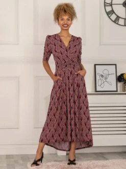 Maanasi Ruched Sleeve Jersey Maxi Dress, Red Abstract 9 Maanasi Ruched Sleeve Jersey Maxi Dress, Red Abstract -DORIA Clothing Shop MX621 27 RedAbstract 5