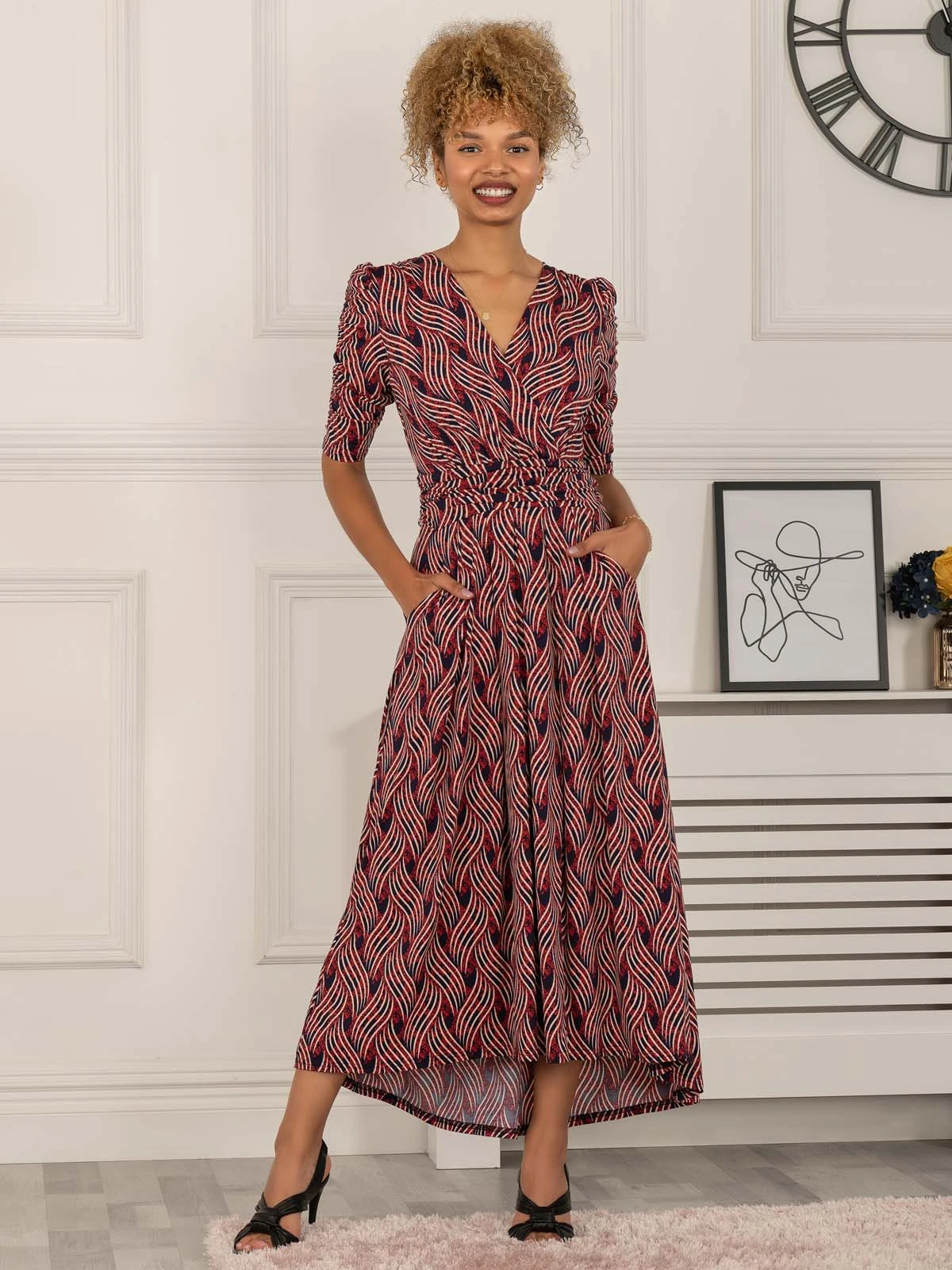 Maanasi Ruched Sleeve Jersey Maxi Dress, Red Abstract 5 Maanasi Ruched Sleeve Jersey Maxi Dress, Red Abstract - Image 5