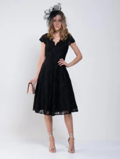 1950s Cap Sleeve Lace Prom Dress, Black