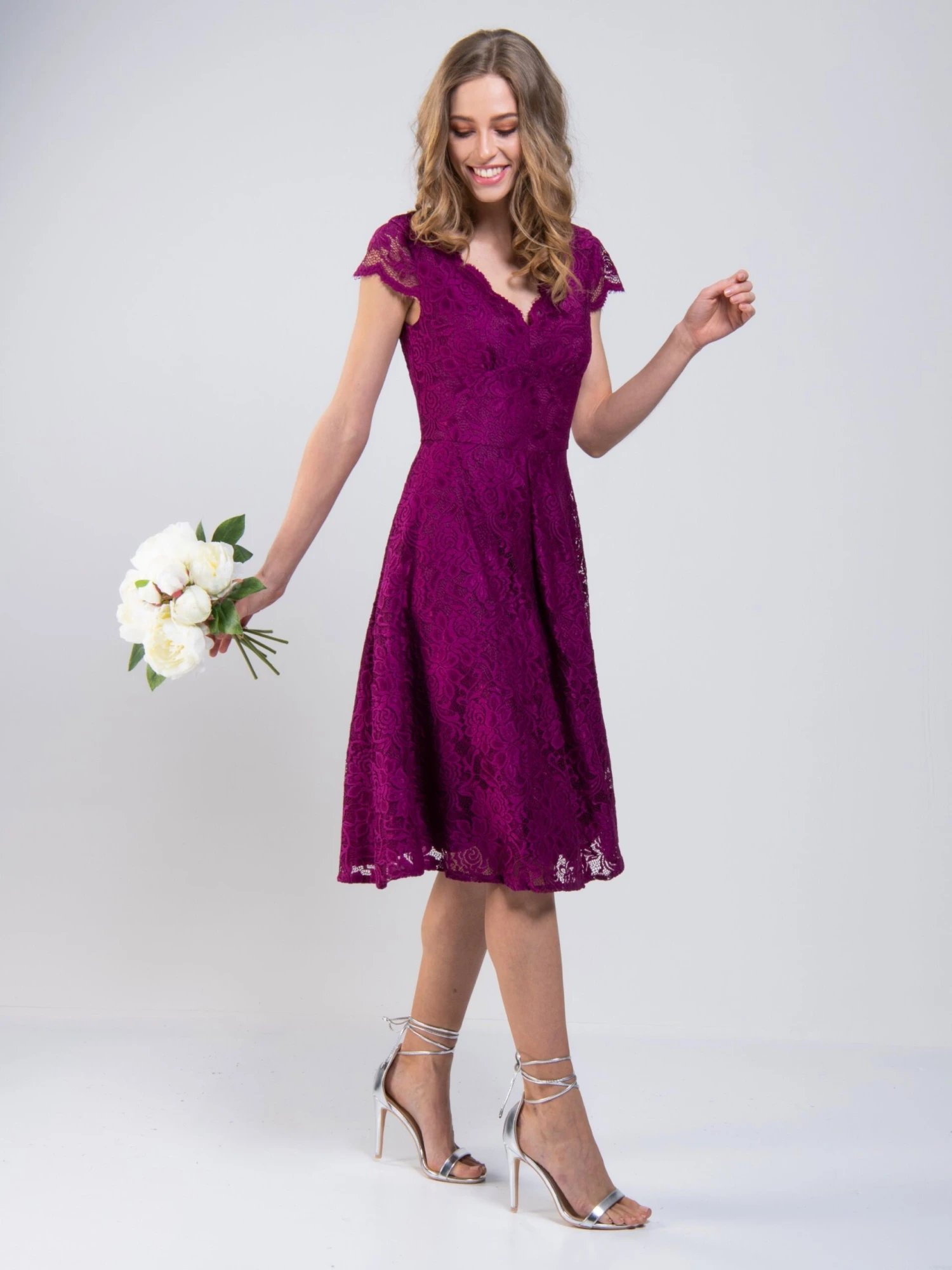 Scalloped V Neck Cap Sleeve Lace Dress, Dark Purple 6 Scalloped V Neck Cap Sleeve Lace Dress, Dark Purple - Image 6