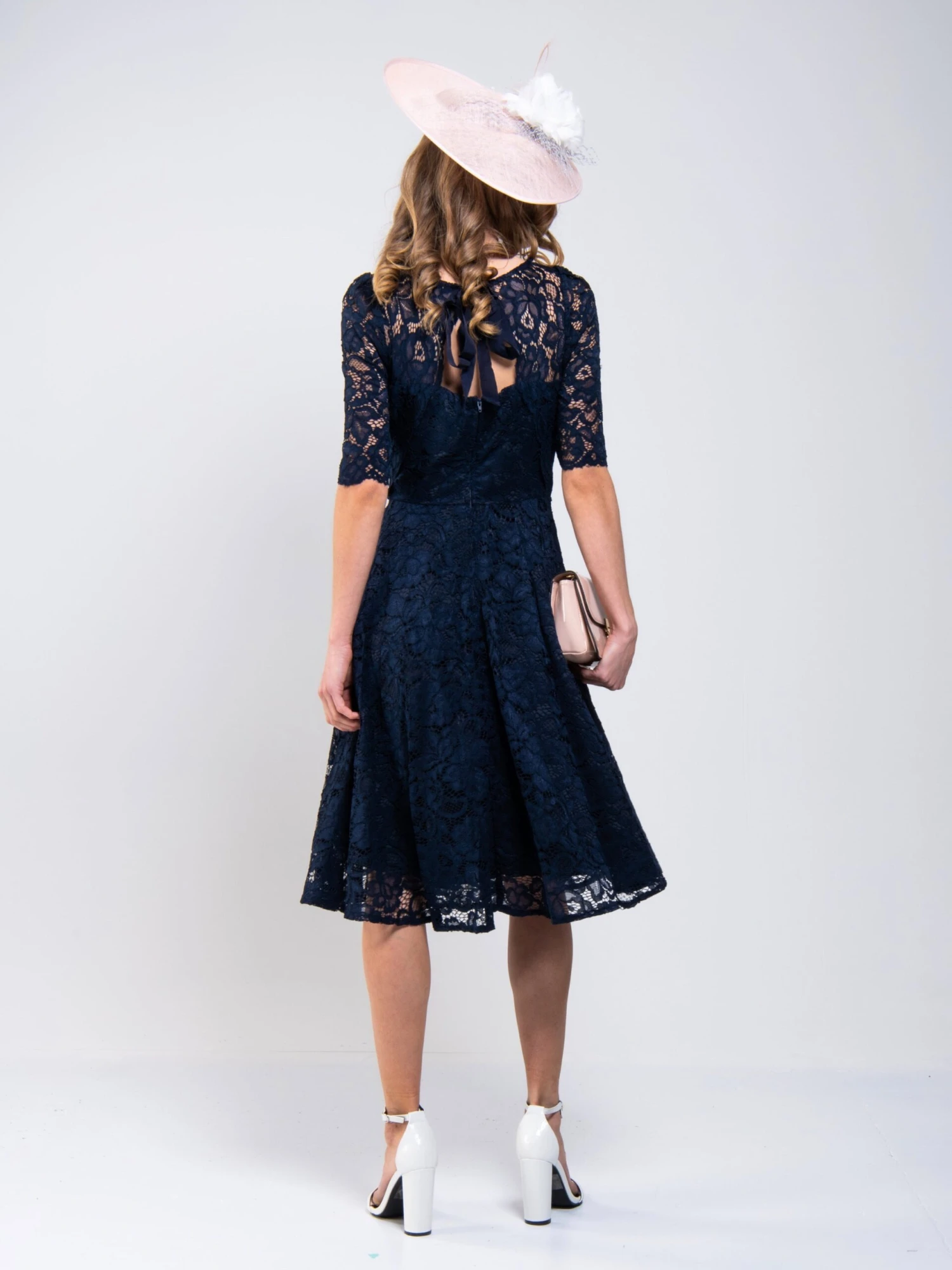 Fit And Flare Lace Midi Dress, Navy 3 Fit And Flare Lace Midi Dress, Navy - Image 3