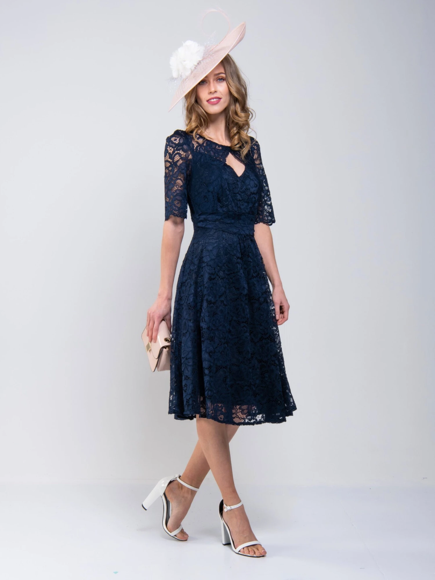 Fit And Flare Lace Midi Dress, Navy 1 Fit And Flare Lace Midi Dress, Navy