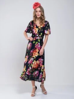 Printed Mesh Long Midi Dress, Navy Floral