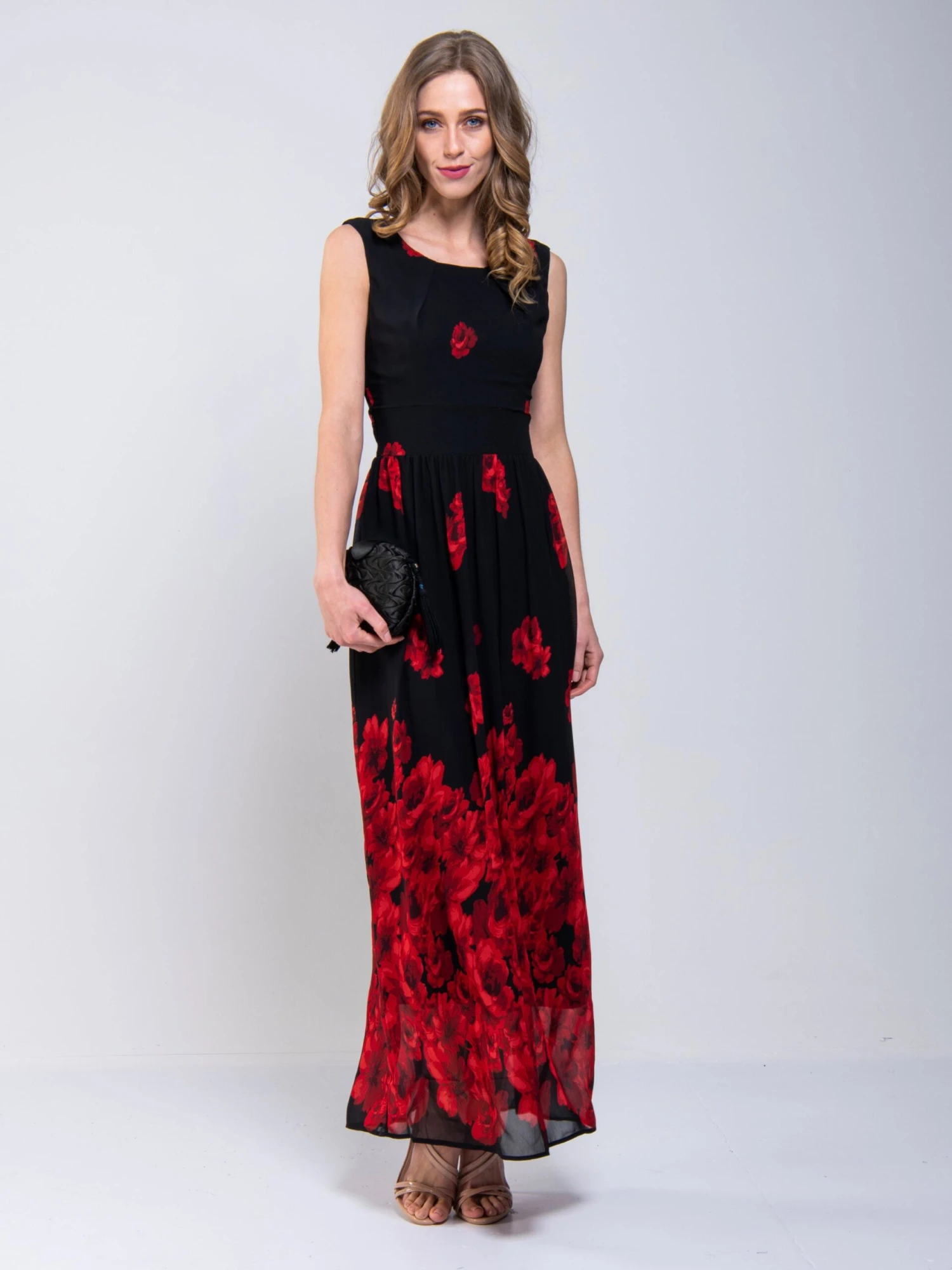 Printed Chiffon Maxi Dress, Black Floral 2 Printed Chiffon Maxi Dress, Black Floral - Image 2